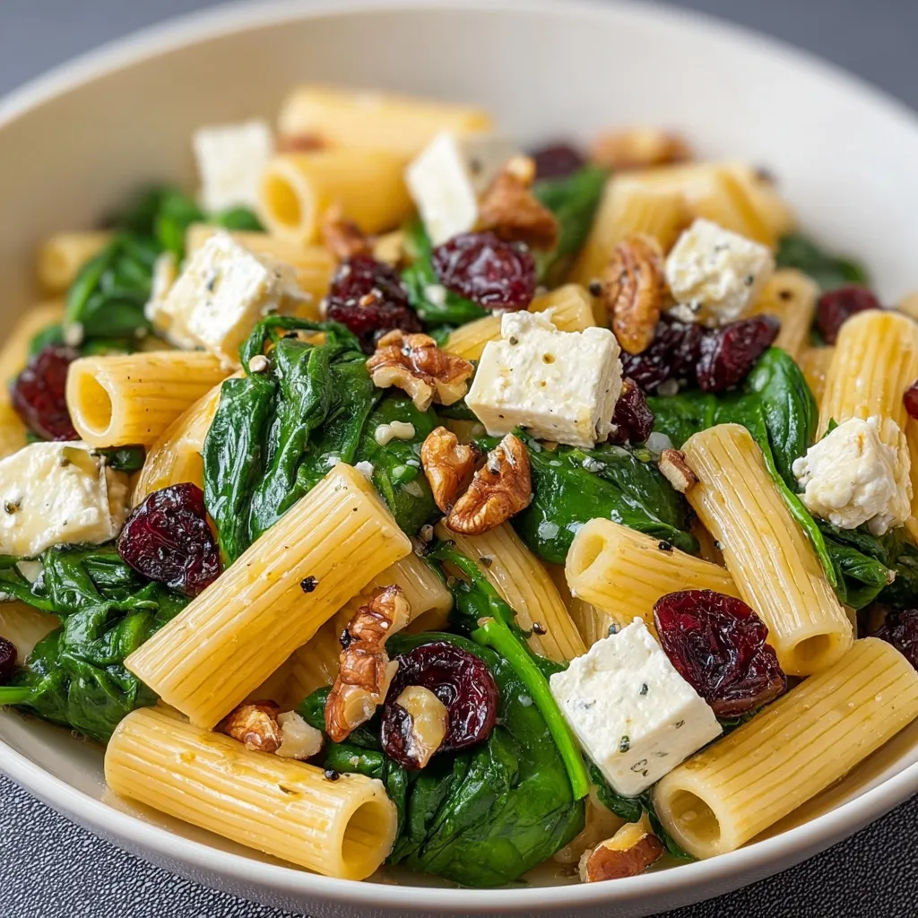 Ensalada de pasta con espinacas, queso feta y arándanos servida en un tazón blanco