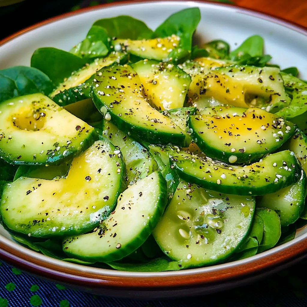 Ensalada de pepino, aguacate y espinacas recién preparada con aderezo de ajo cremoso