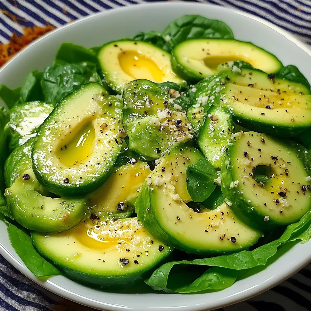 Ensalada de pepino, aguacate y espinacas recién preparada con aderezo de ajo cremoso
