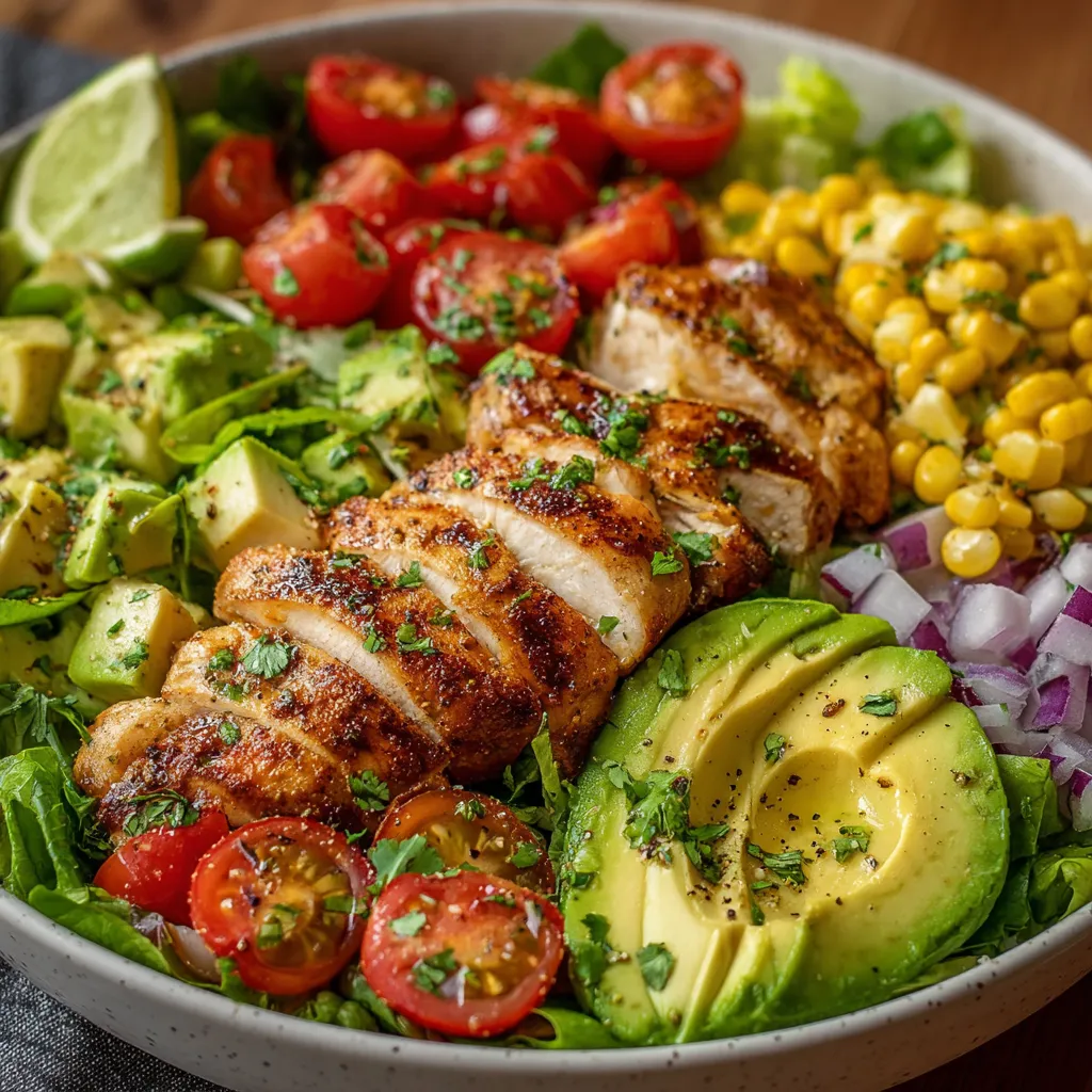 Ensalada de pollo y aguacate fresca servida en un bol blanco