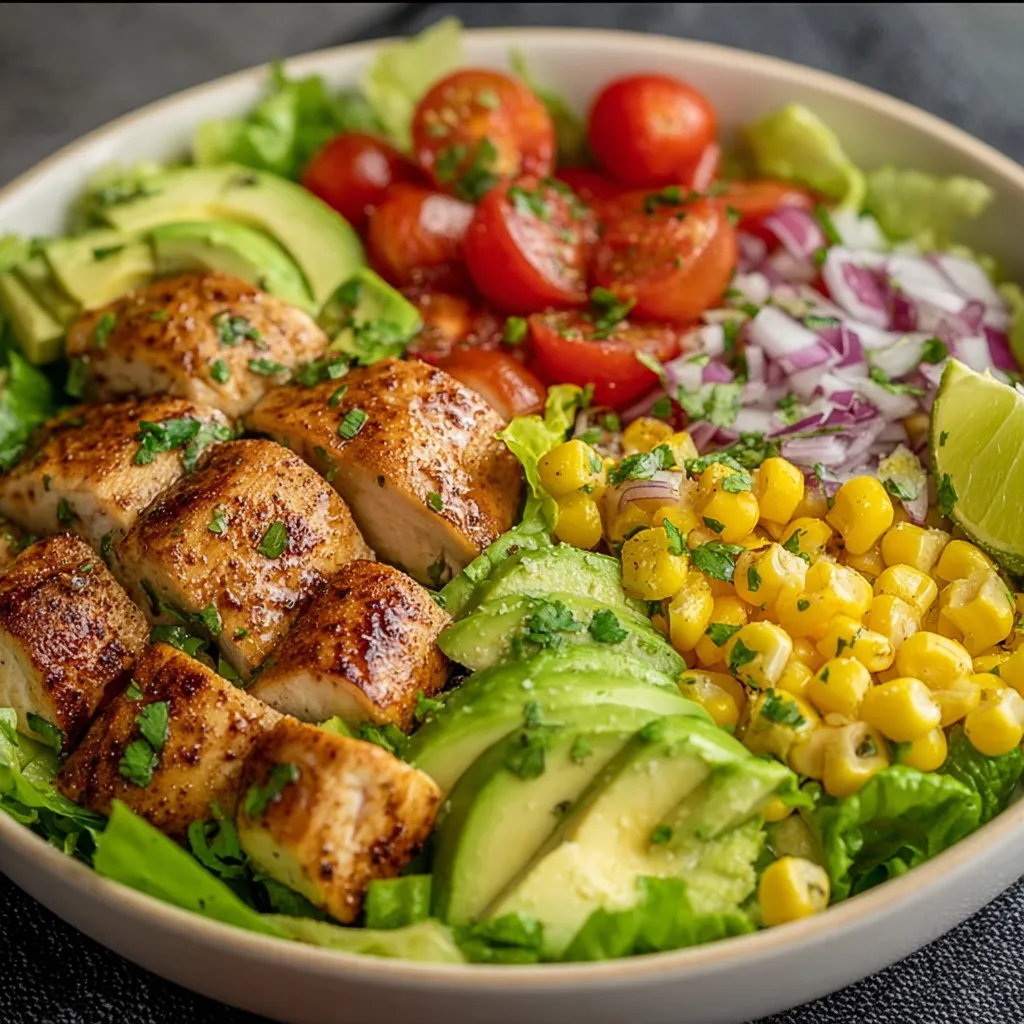 Ensalada de pollo y aguacate fresca servida en un bol blanco