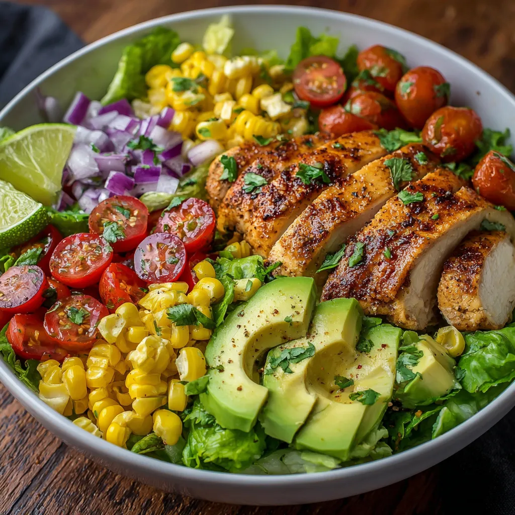 Ensalada de pollo y aguacate fresca servida en un bol blanco