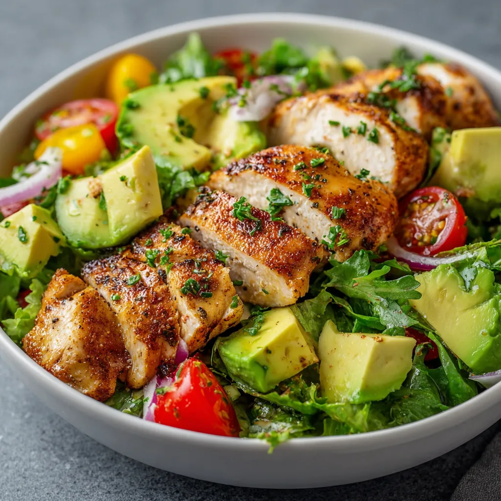 Ensalada de pollo y aguacate fresca servida en un bol blanco