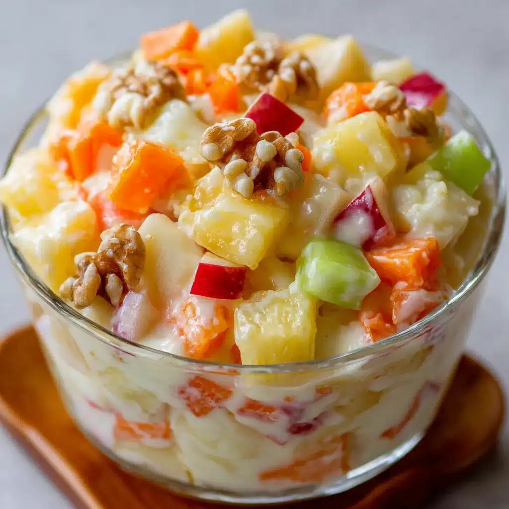Ensalada de frutas cremosa en un tazón con leche condensada, manzanas, zanahorias y piña