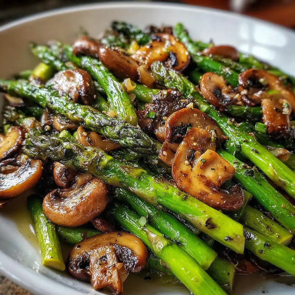Plato de espárragos y champiñones salteados con ajo y perejil sobre un plato blanco
