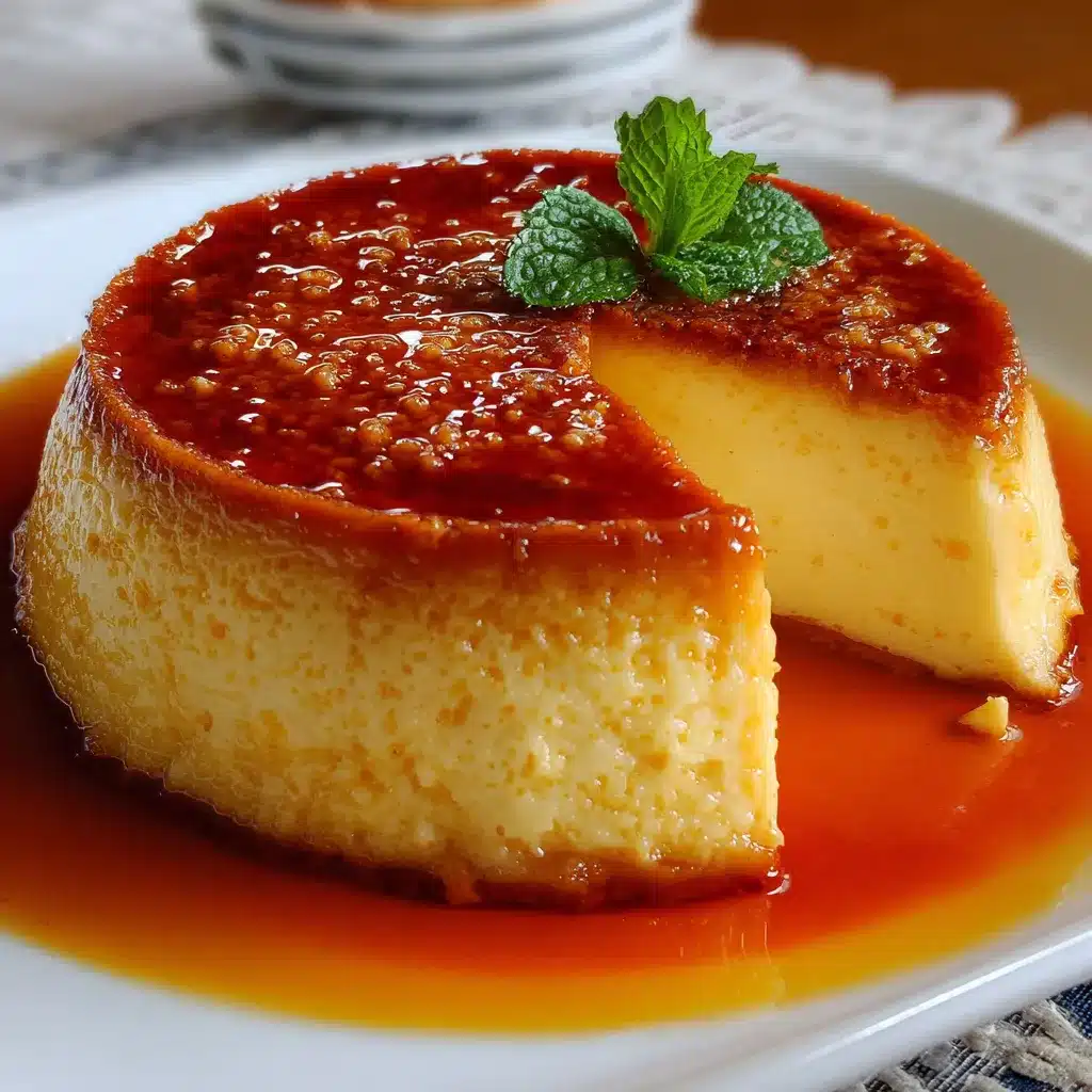 Flan de queso cremoso con caramelo dorado en la parte superior servido en un plato blanco