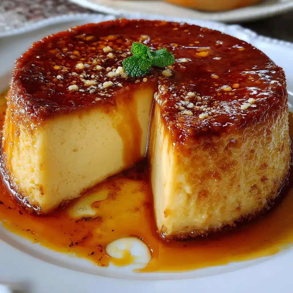 Flan de queso cremoso con caramelo dorado en la parte superior servido en un plato blanco