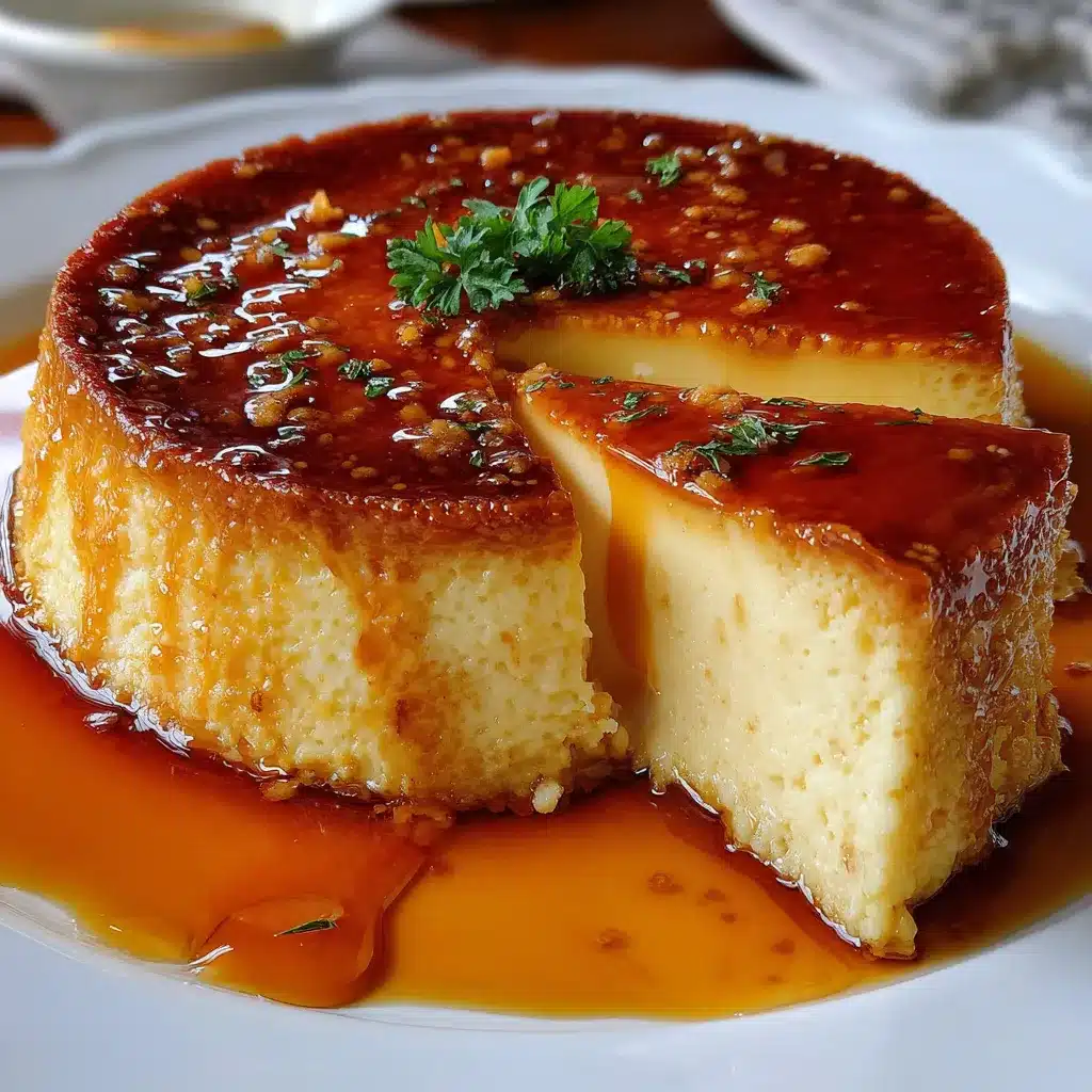 Flan de queso cremoso con caramelo dorado en la parte superior servido en un plato blanco