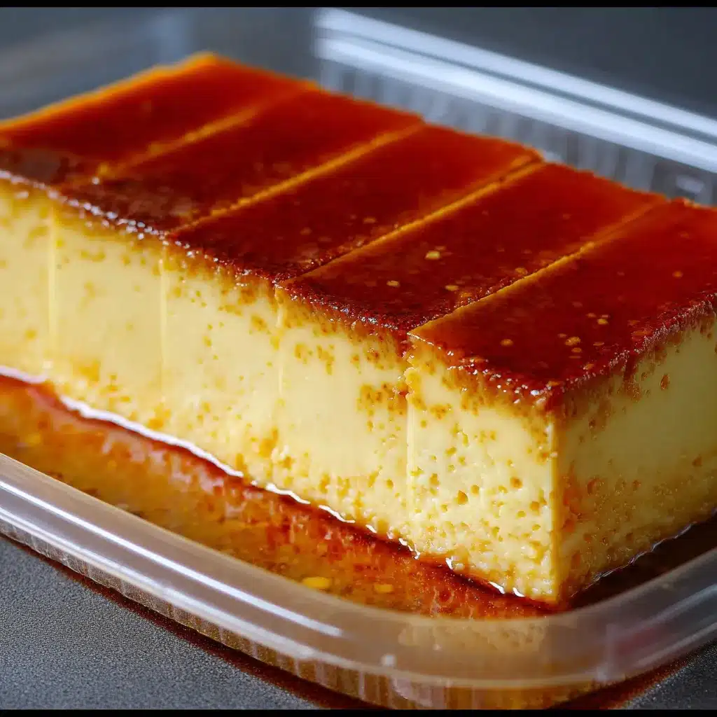 Flan Napolitano Cremoso servido en un plato blanco con caramelo líquido