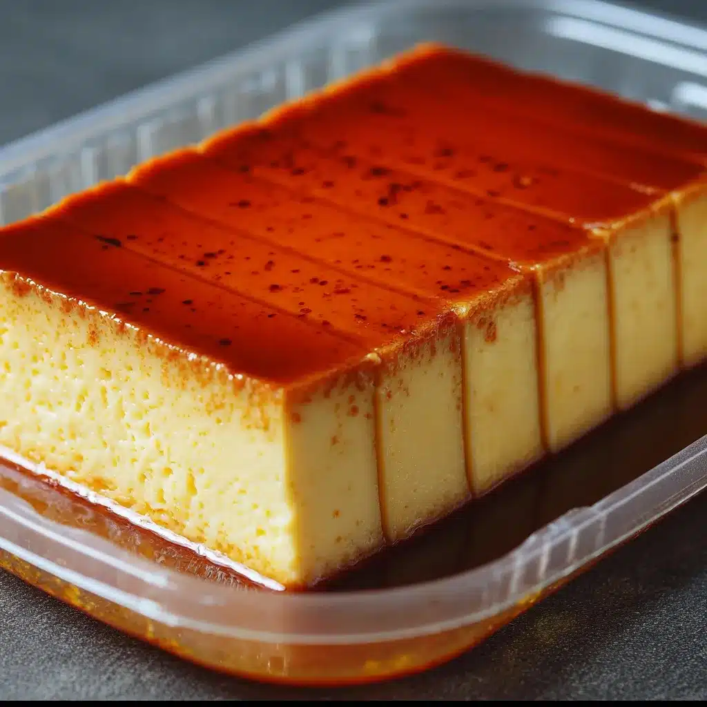 Flan Napolitano Cremoso servido en un plato blanco con caramelo líquido