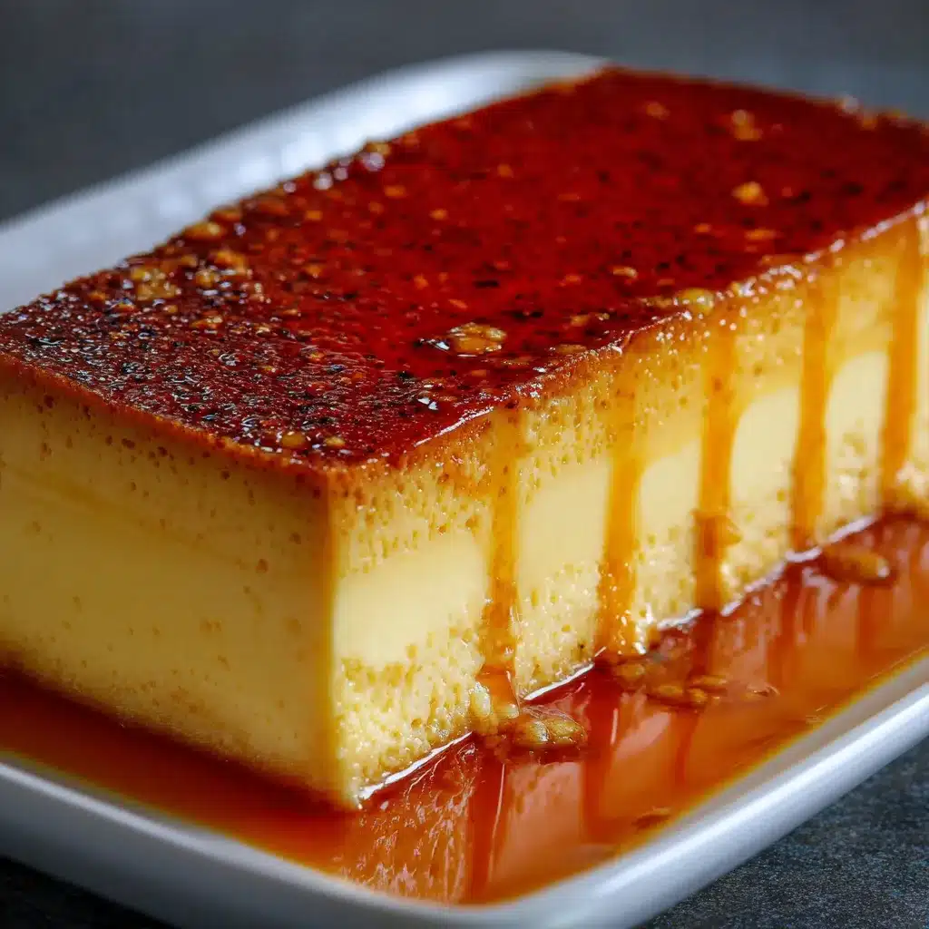 Flan Napolitano Cremoso servido en un plato blanco con caramelo líquido