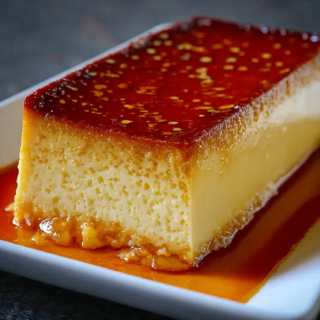Flan Napolitano Cremoso servido en un plato blanco con caramelo líquido