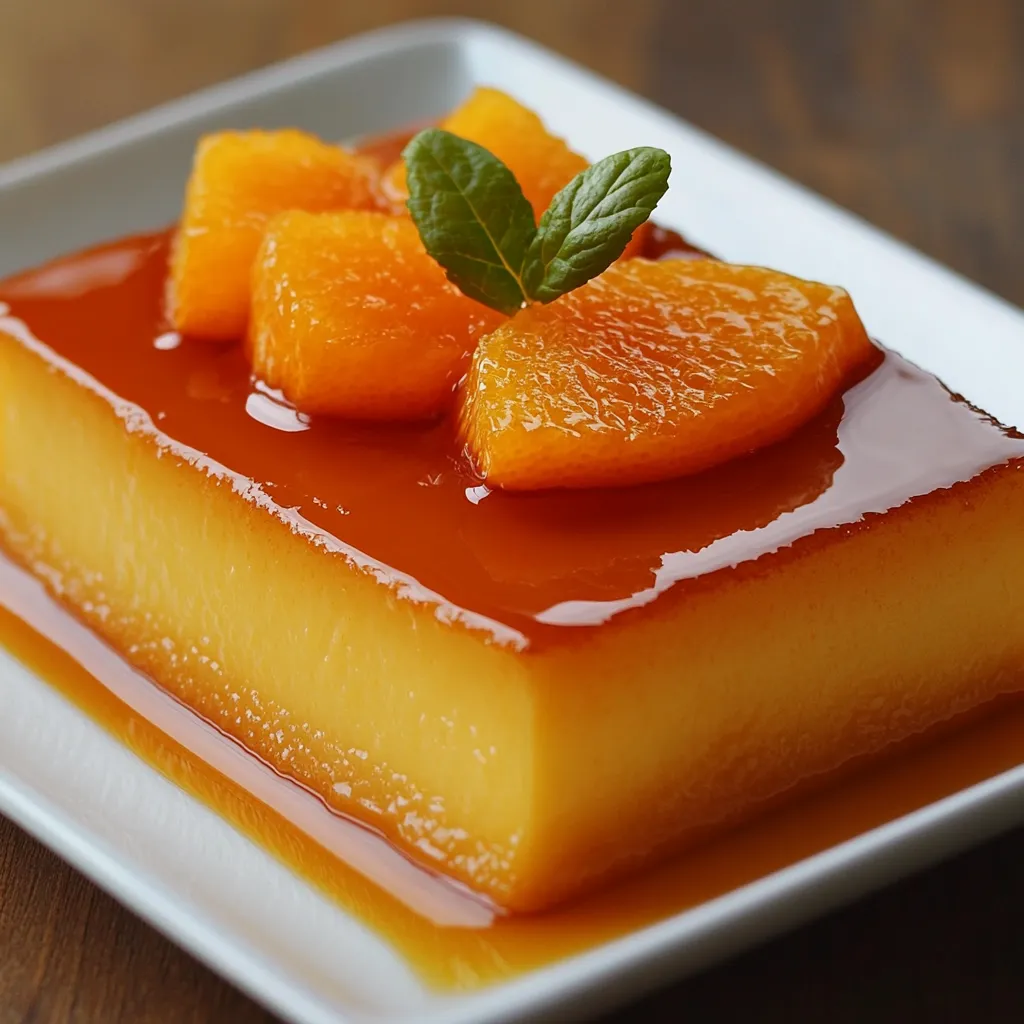 Flan de zumo de naranja decorado con rodajas frescas en un plato blanco
