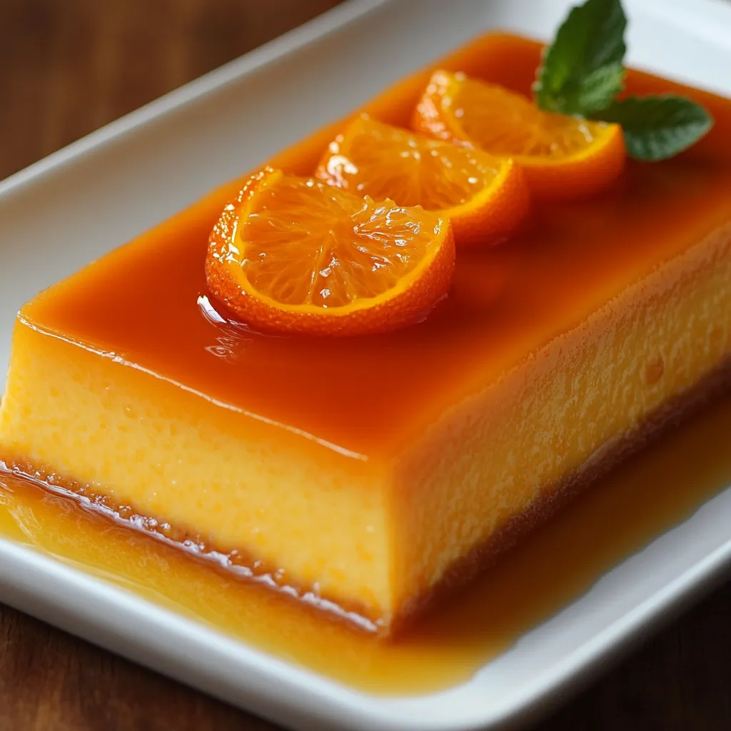 Flan de zumo de naranja decorado con rodajas frescas en un plato blanco