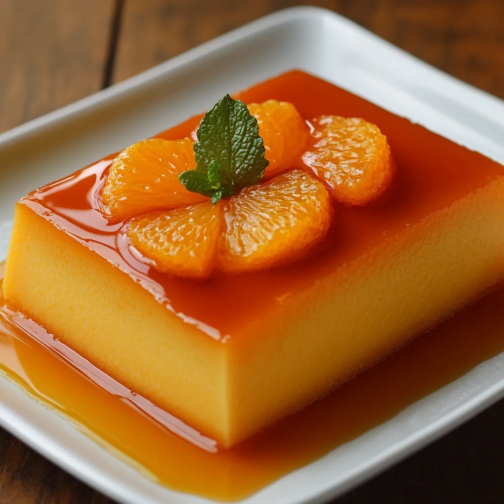 Flan de zumo de naranja decorado con rodajas frescas en un plato blanco