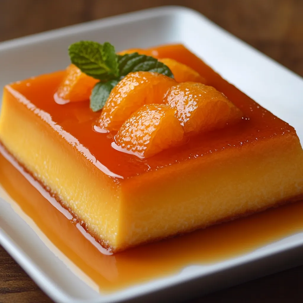 Flan de zumo de naranja decorado con rodajas frescas en un plato blanco