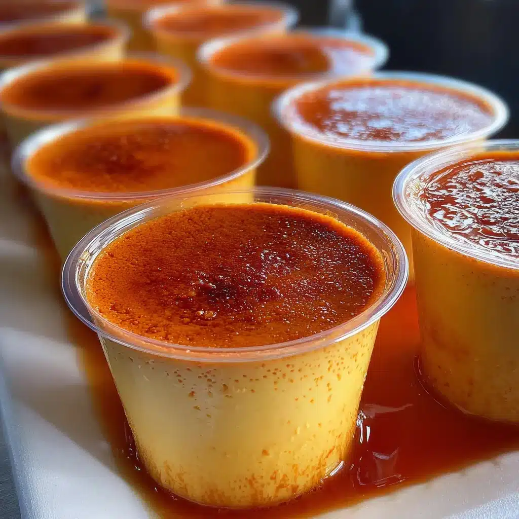 Flan en vaso con capa de cajeta en el fondo, servido en vasos transparentes con tapa, perfecto para negocio de postres individuales