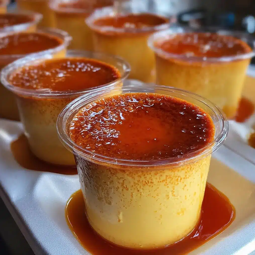 Flan en vaso con capa de cajeta en el fondo, servido en vasos transparentes con tapa, perfecto para negocio de postres individuales