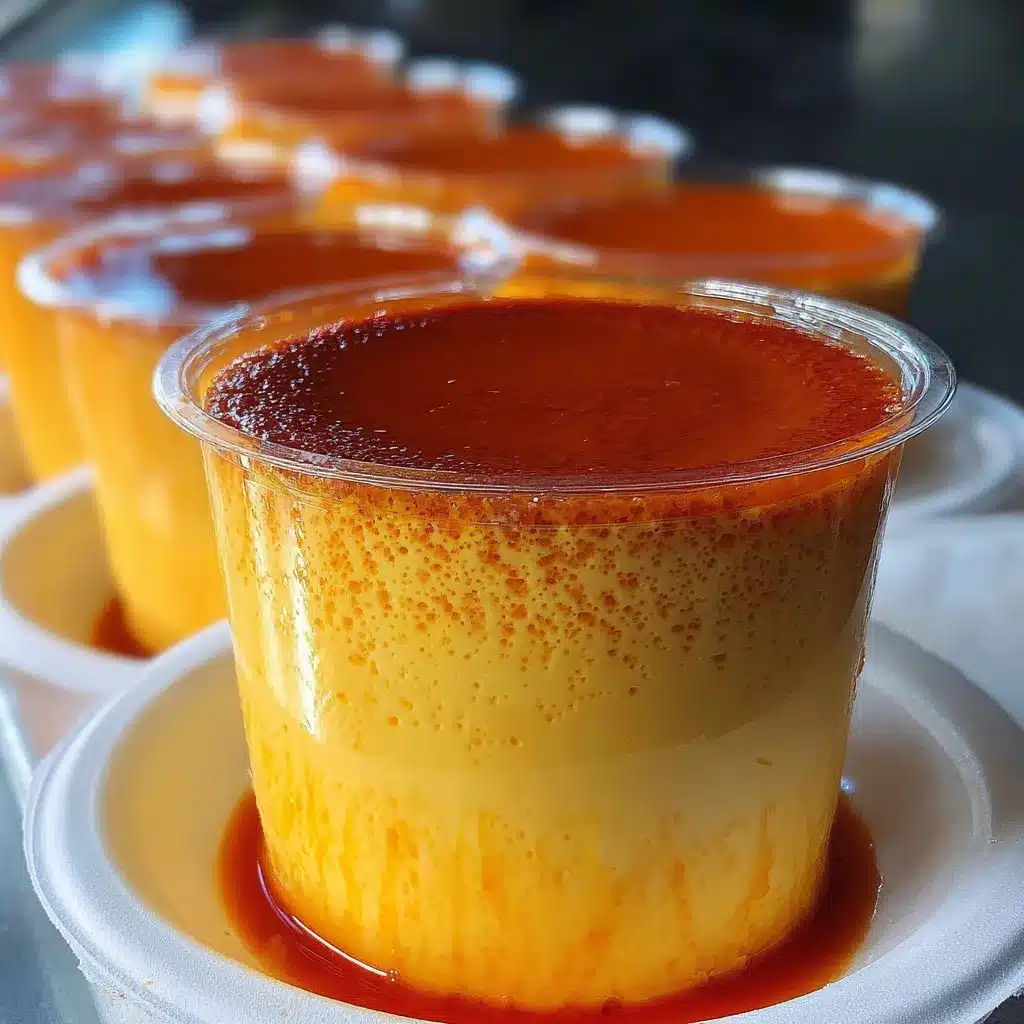 Flan en vaso con capa de cajeta en el fondo, servido en vasos transparentes con tapa, perfecto para negocio de postres individuales