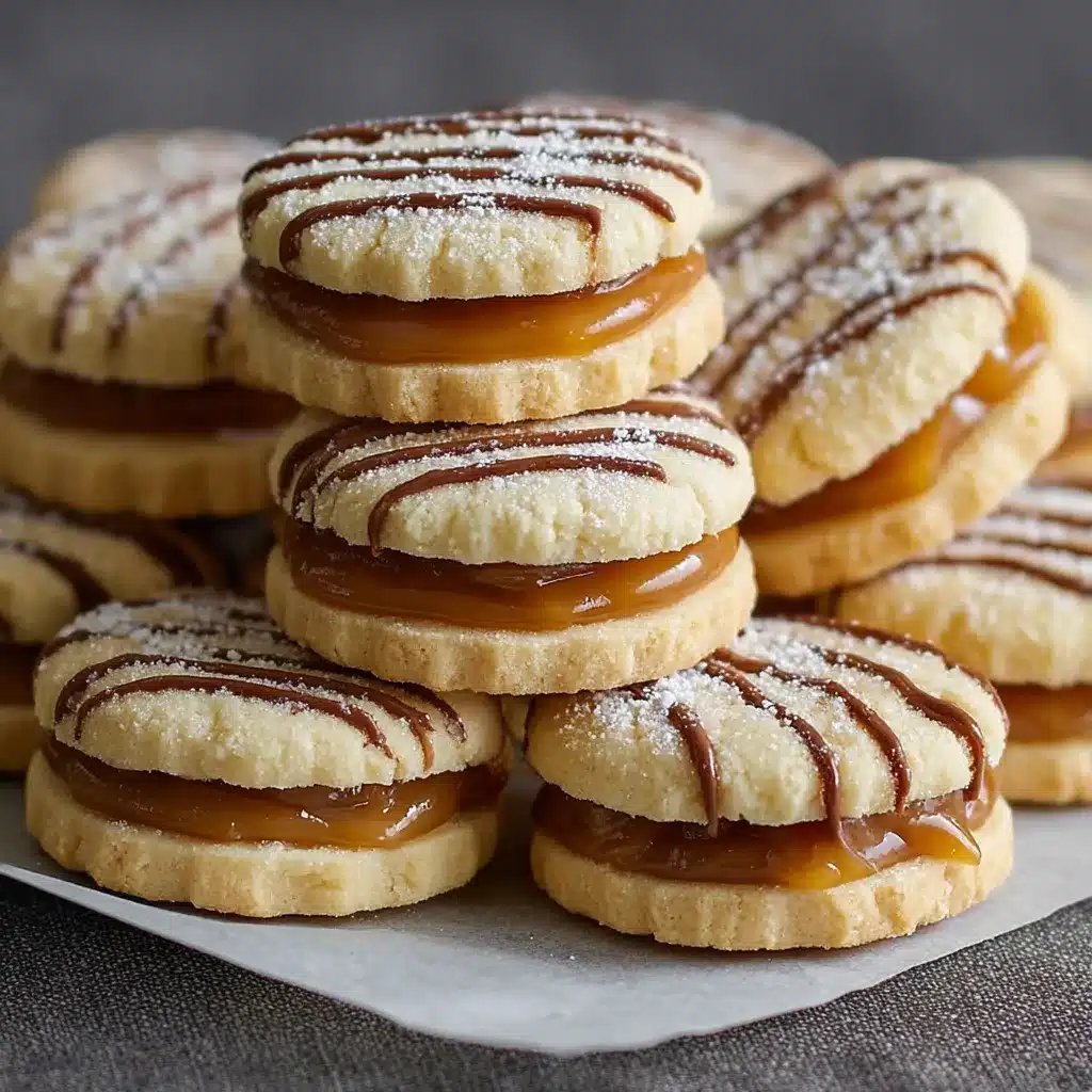 Galletitas de maicena rellenas de dulce de leche sobre bandeja de madera
