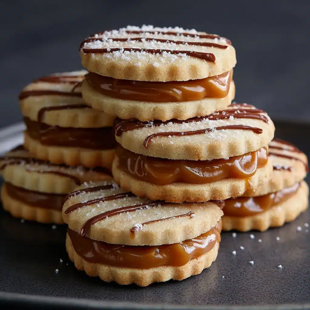 Galletitas de maicena rellenas de dulce de leche sobre bandeja de madera