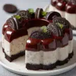 Gelatina de Oreo con chocolate servida en rebanadas con capas perfectamente definidas de chocolate y Oreo