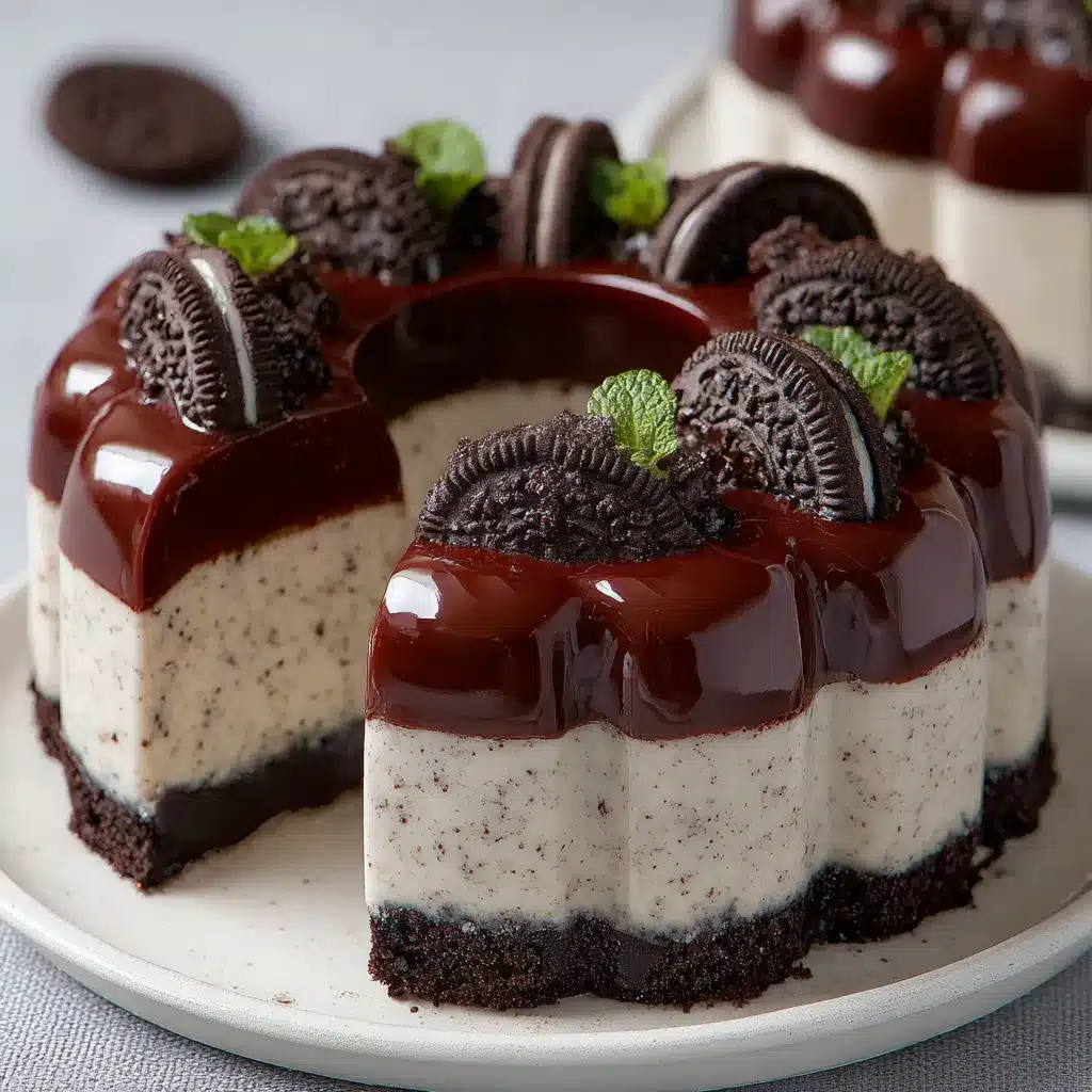 Gelatina de Oreo con chocolate servida en rebanadas con capas perfectamente definidas de chocolate y Oreo