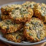 Galletas crujientes de sésamo y calabaza sobre una bandeja de horno con papel vegetal, listas para disfrutar.