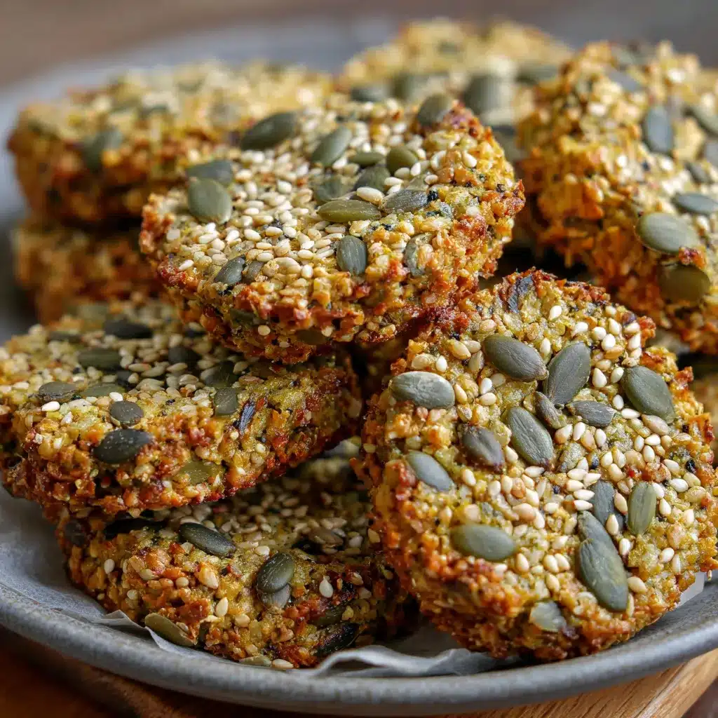 Galletas crujientes de sésamo y calabaza sobre una bandeja de horno con papel vegetal, listas para disfrutar.