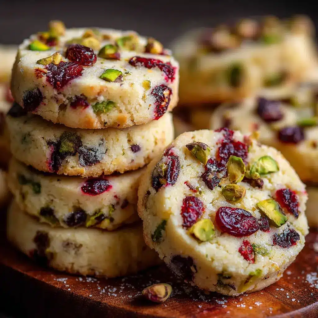 Galletas de mantequilla doradas con trozos de arándanos y pistachos, dispuestas sobre una rejilla de enfriado.