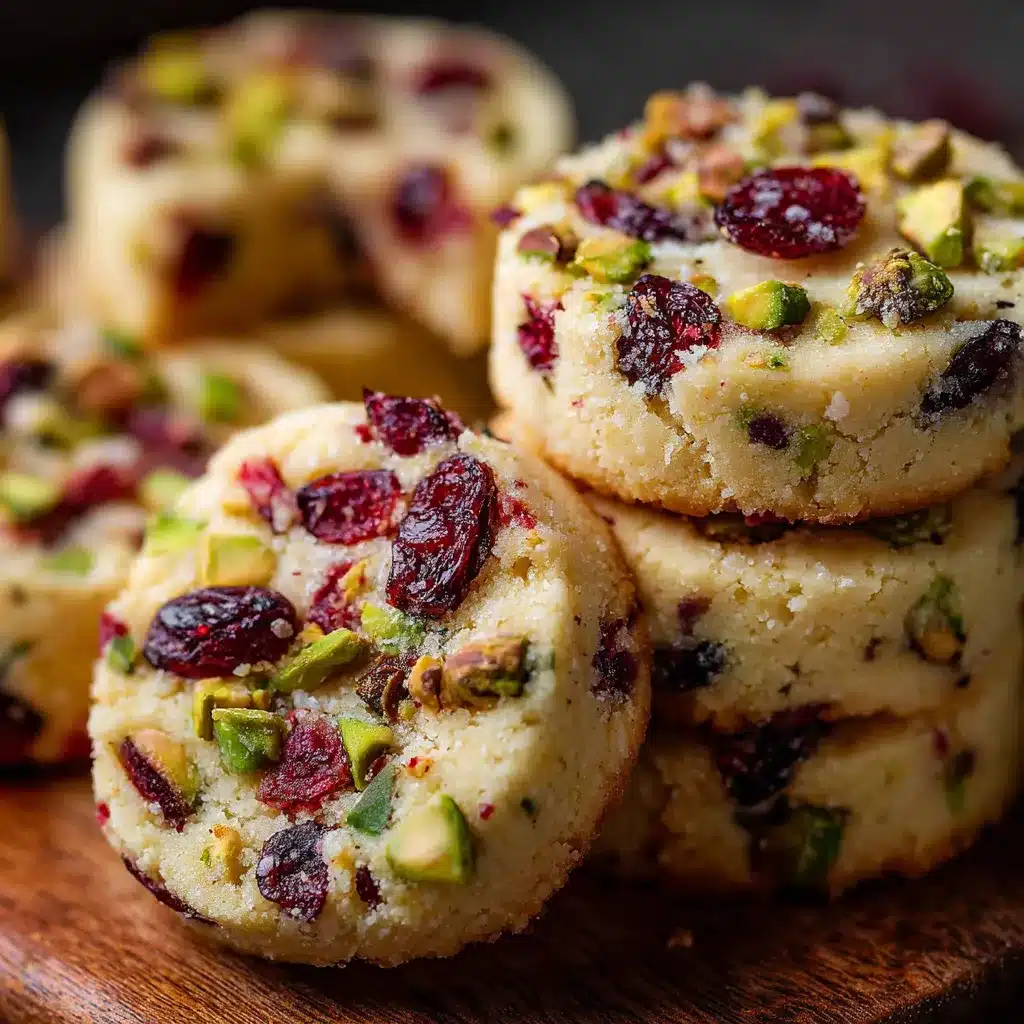 Galletas de mantequilla doradas con trozos de arándanos y pistachos, dispuestas sobre una rejilla de enfriado.
