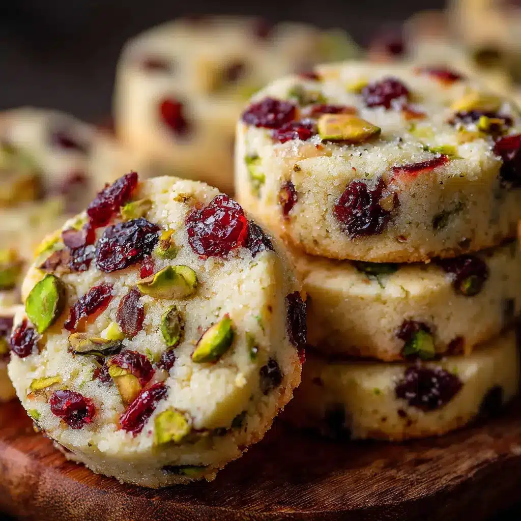 Galletas de mantequilla doradas con trozos de arándanos y pistachos, dispuestas sobre una rejilla de enfriado.