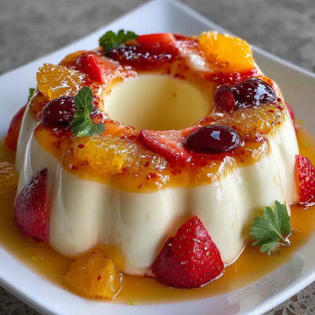 Gelatina de queso crema y fruta servida en un molde transparente con trozos de fresas y duraznos visibles
