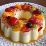 Gelatina de queso crema y fruta servida en un molde transparente con trozos de fresas y duraznos visibles