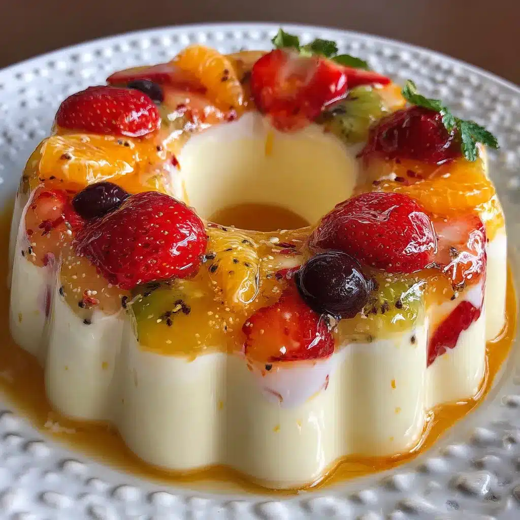 Gelatina de queso crema y fruta servida en un molde transparente con trozos de fresas y duraznos visibles