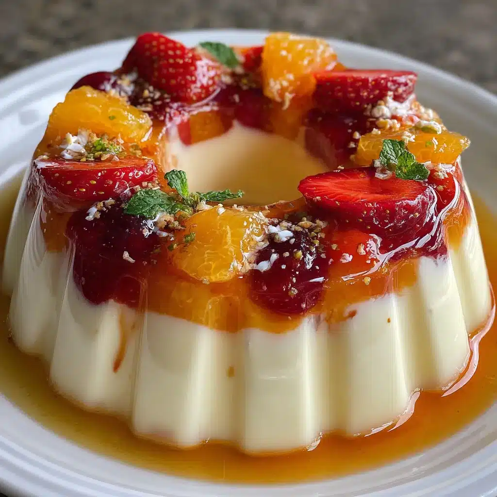Gelatina de queso crema y fruta servida en un molde transparente con trozos de fresas y duraznos visibles