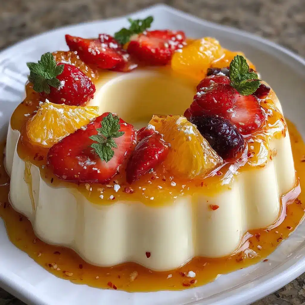 Gelatina de queso crema y fruta servida en un molde transparente con trozos de fresas y duraznos visibles