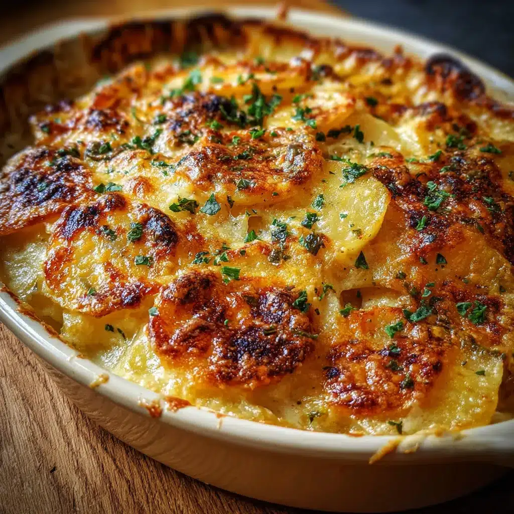 Gratinado de Patatas Dauphinoise dorado y cremoso servido en una fuente