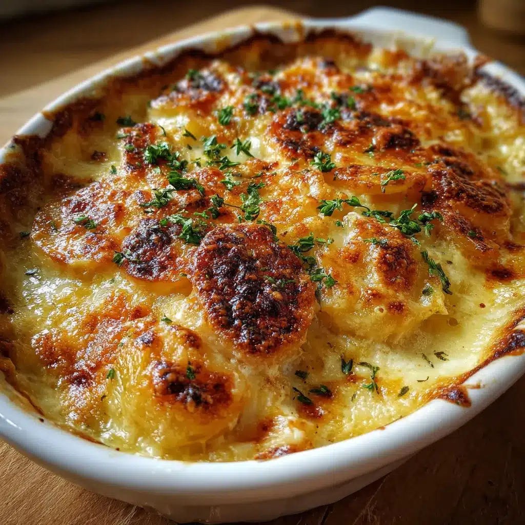 Gratinado de Patatas Dauphinoise dorado y cremoso servido en una fuente