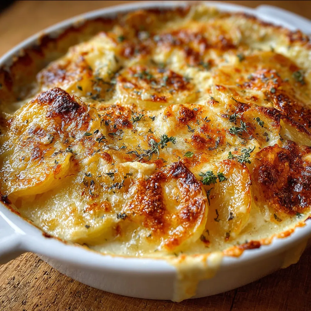 Gratinado de Patatas Dauphinoise dorado y cremoso servido en una fuente