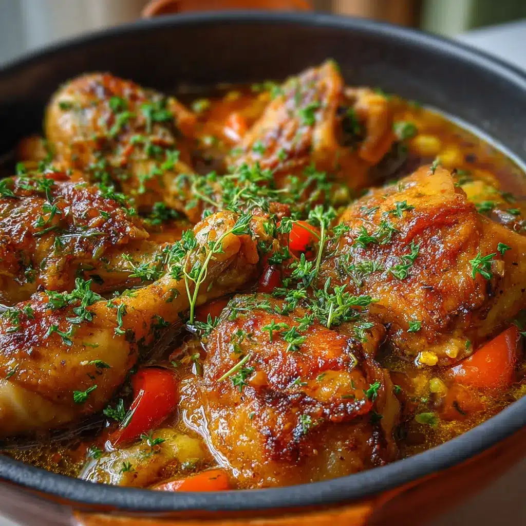 Guiso de pollo a la jardinera servido en cazuela con verduras frescas y salsa espesa