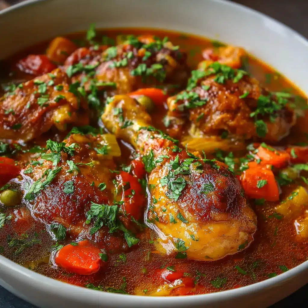 Guiso de pollo a la jardinera servido en cazuela con verduras frescas y salsa espesa