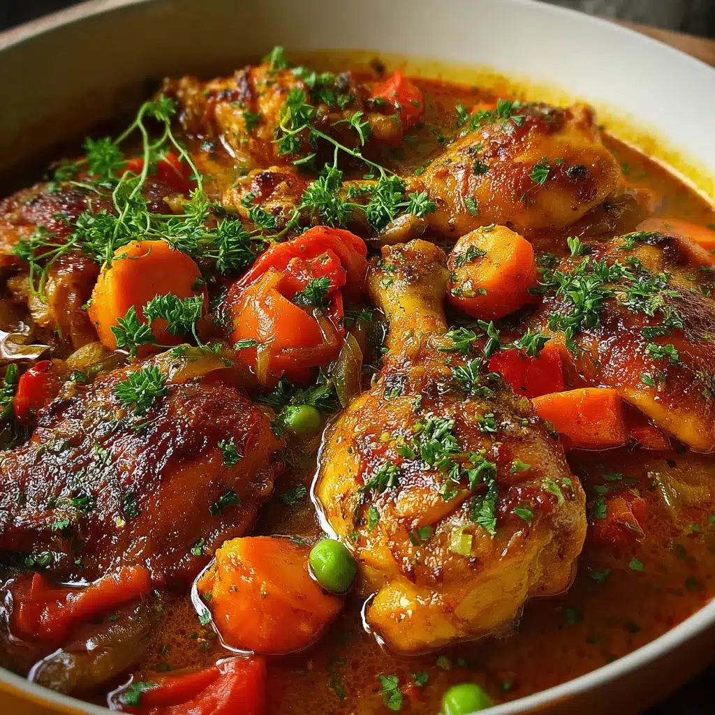 Guiso de pollo a la jardinera servido en cazuela con verduras frescas y salsa espesa