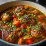 Guiso de pollo a la jardinera servido en cazuela con verduras frescas y salsa espesa