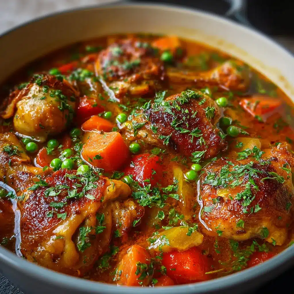 Guiso de pollo a la jardinera servido en cazuela con verduras frescas y salsa espesa