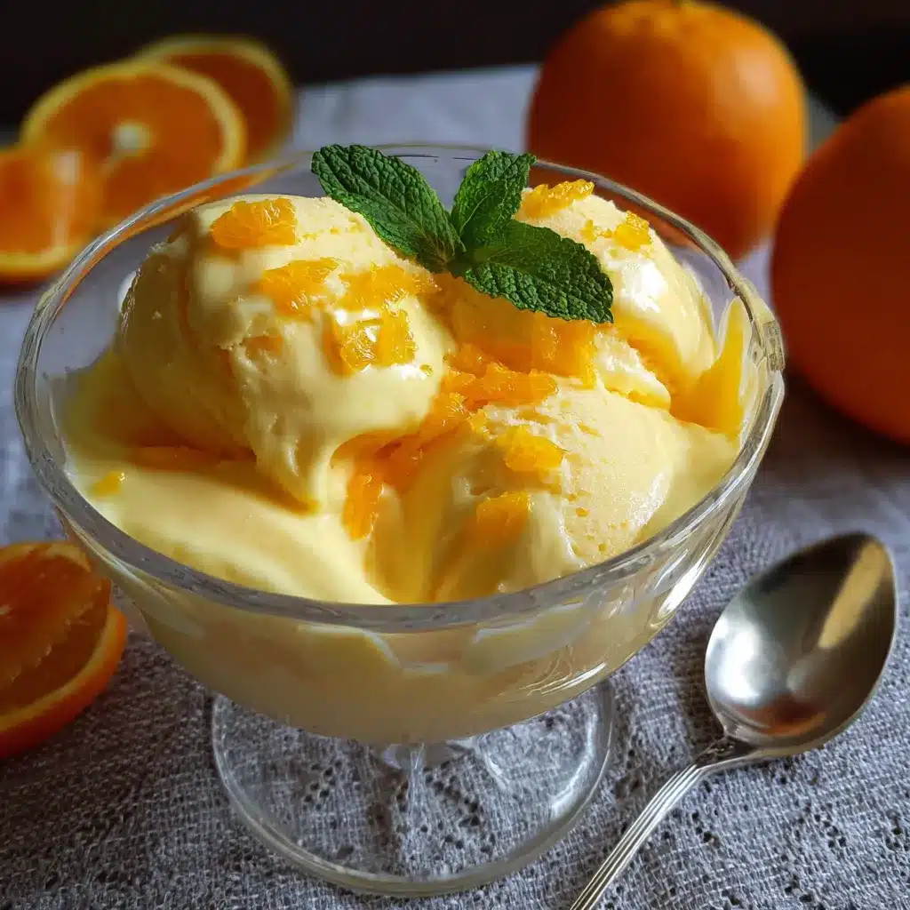 Helado casero de naranja cremoso servido en un bol con rodajas de naranja fresca