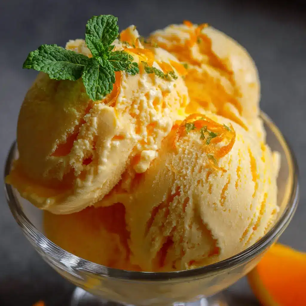 Helado casero de naranja cremoso servido en un bol con rodajas de naranja fresca