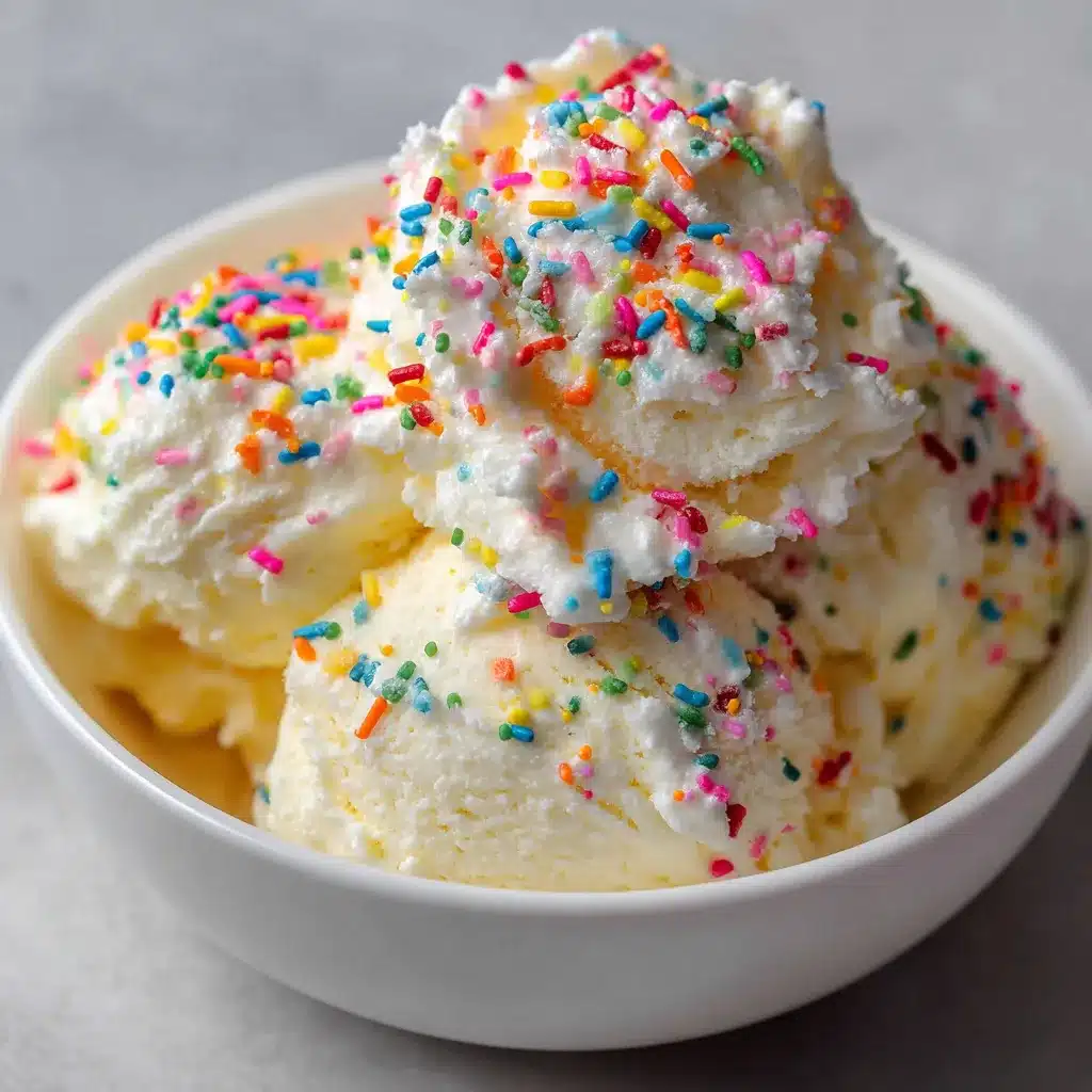 Helado de vainilla casero con chispas de colores servido en un tazón