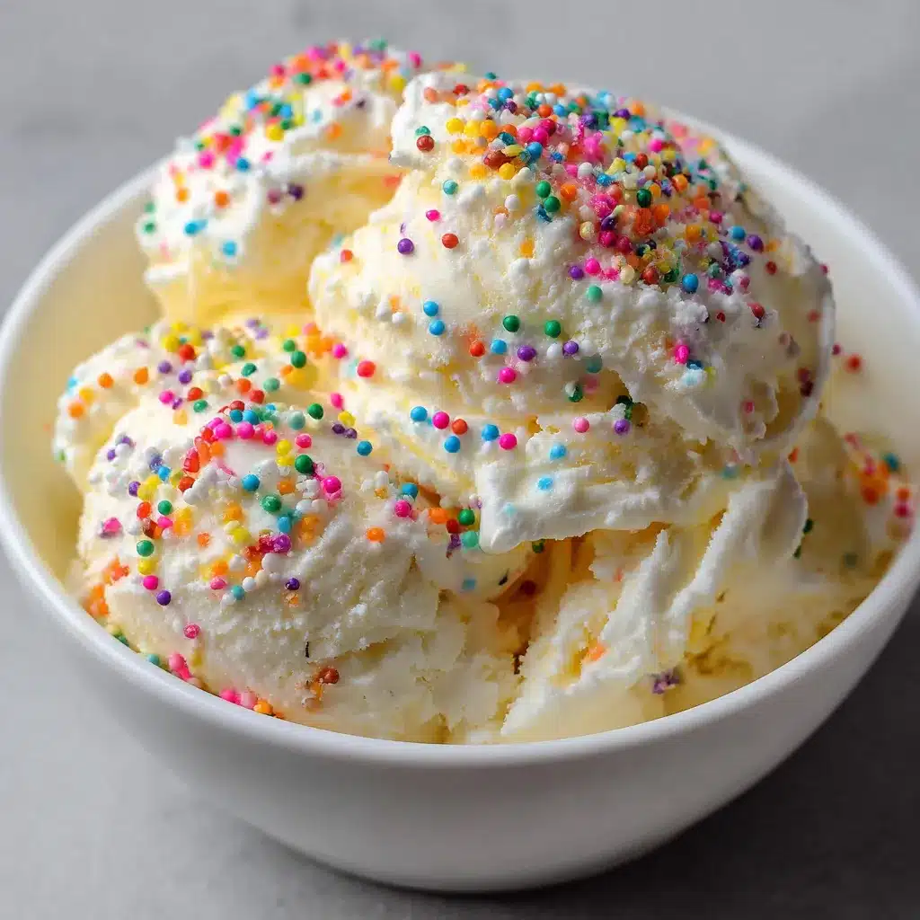 Helado de vainilla casero con chispas de colores servido en un tazón