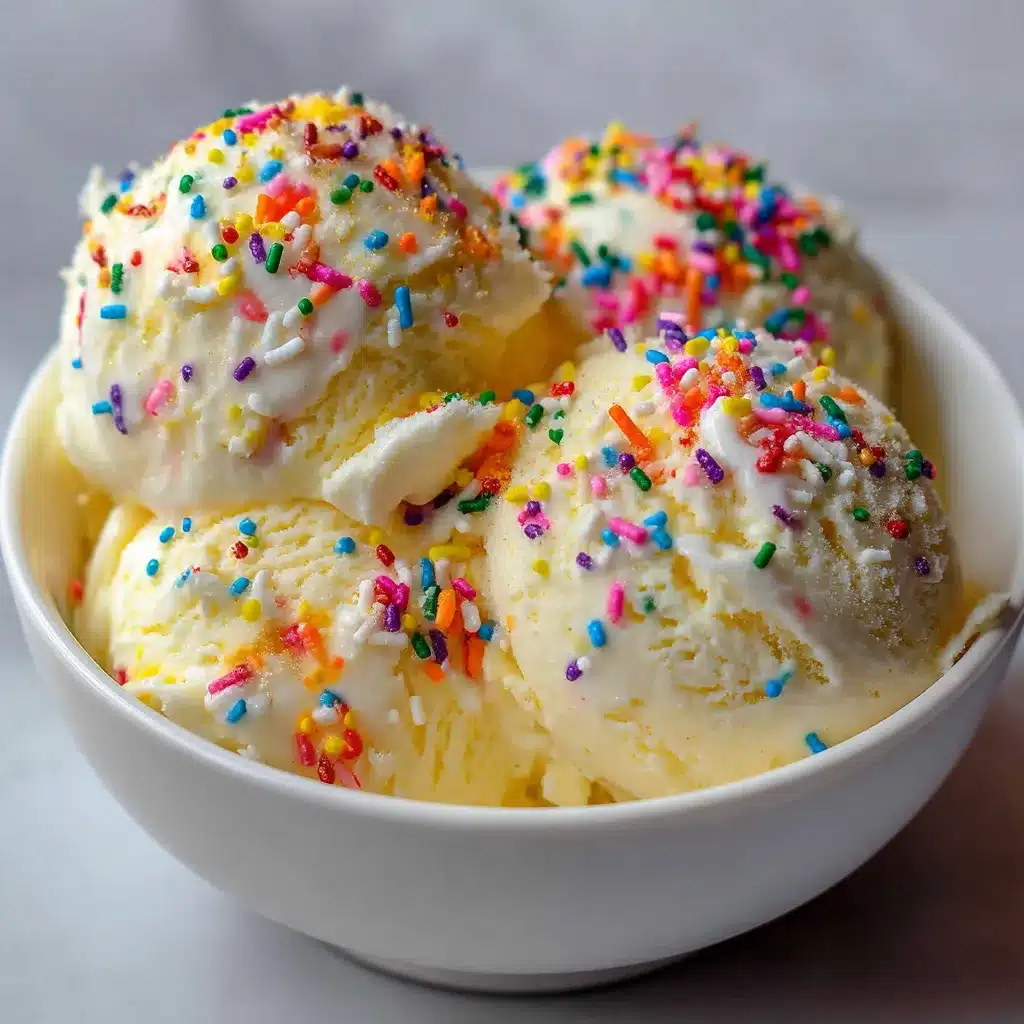 Helado de vainilla casero con chispas de colores servido en un tazón